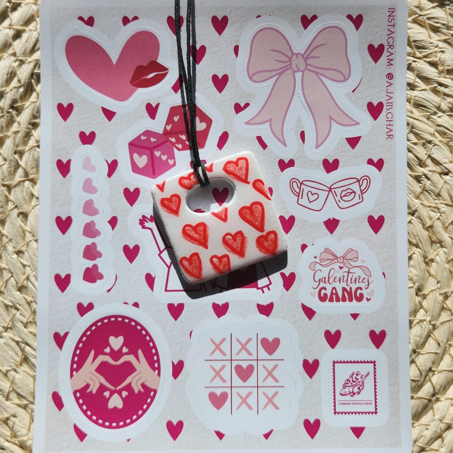 red hearts square clay pendant necklace & sticker sheet [KOSH & YOG x AJAIBGHAR]