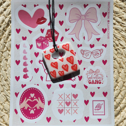 red hearts square clay pendant necklace & sticker sheet [KOSH & YOG x AJAIBGHAR]