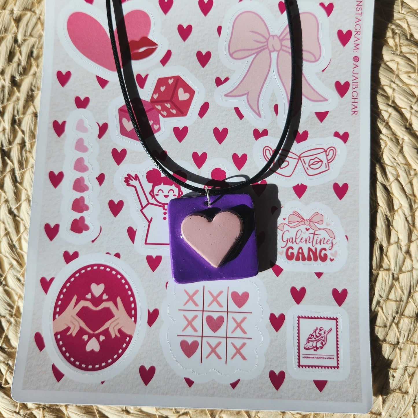 3D heart purple square clay pendant necklace & sticker sheet [KOSH & YOG x AJAIBGHAR]