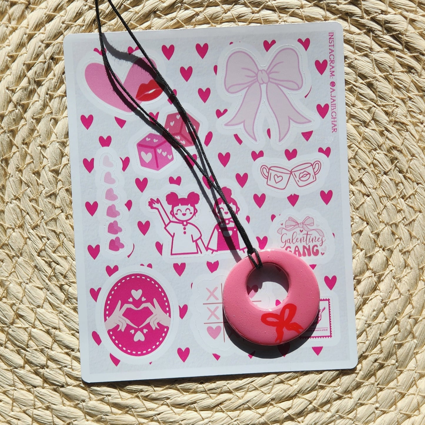pink bow clay pendant necklace & sticker sheet [KOSH & YOG x AJAIBGHAR]