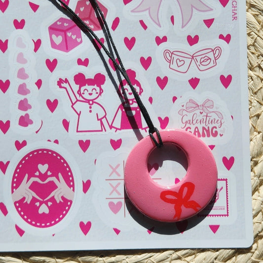 pink bow clay pendant necklace & sticker sheet [KOSH & YOG x AJAIBGHAR]