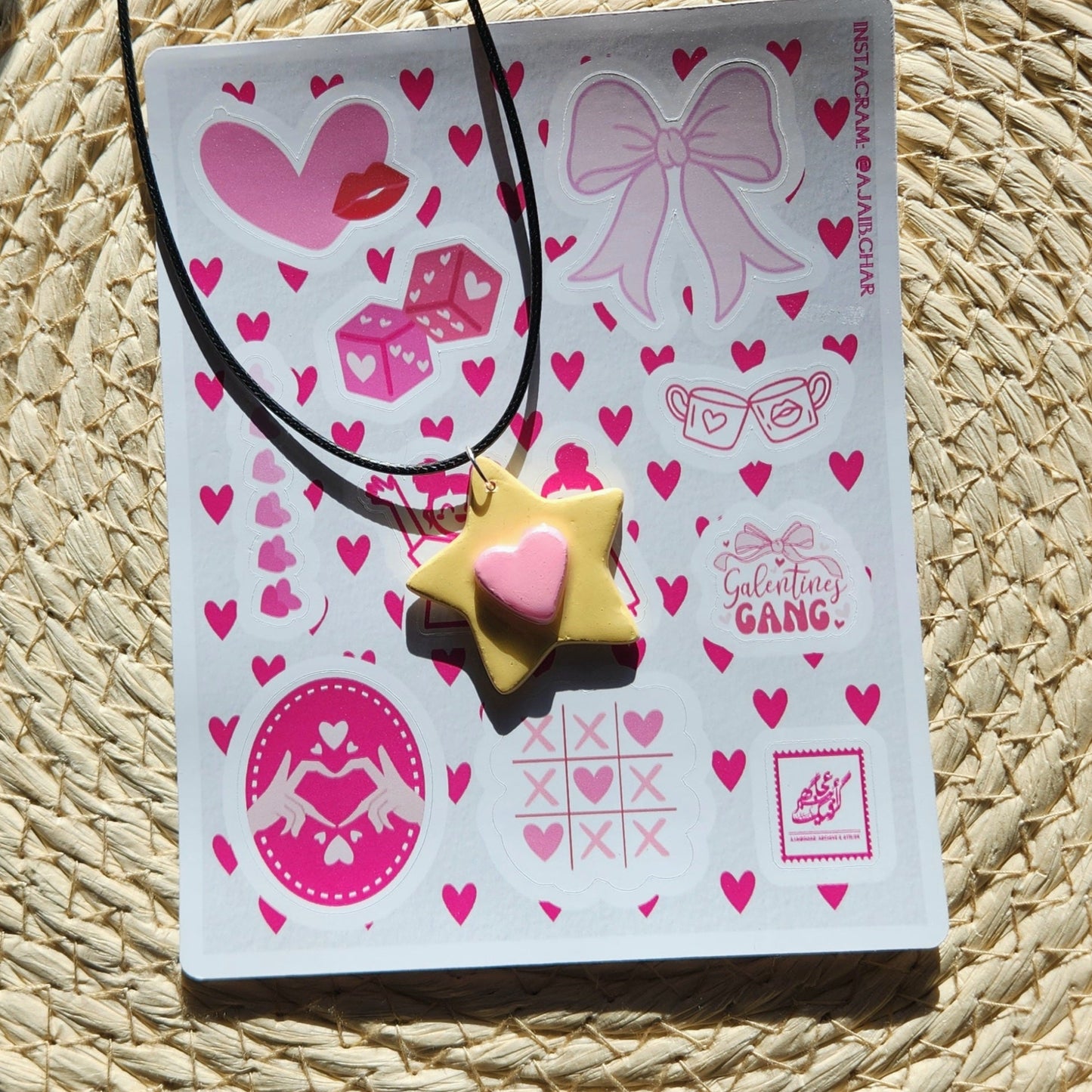 3D pink heart star clay pendant necklace & sticker sheet [KOSH & YOG x AJAIBGHAR]