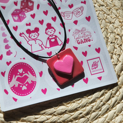 3D heart pink and red square clay pendant necklace & sticker sheet [KOSH & YOG x AJAIBGHAR]