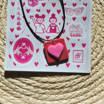 3D heart pink and red square clay pendant necklace & sticker sheet [KOSH & YOG x AJAIBGHAR]