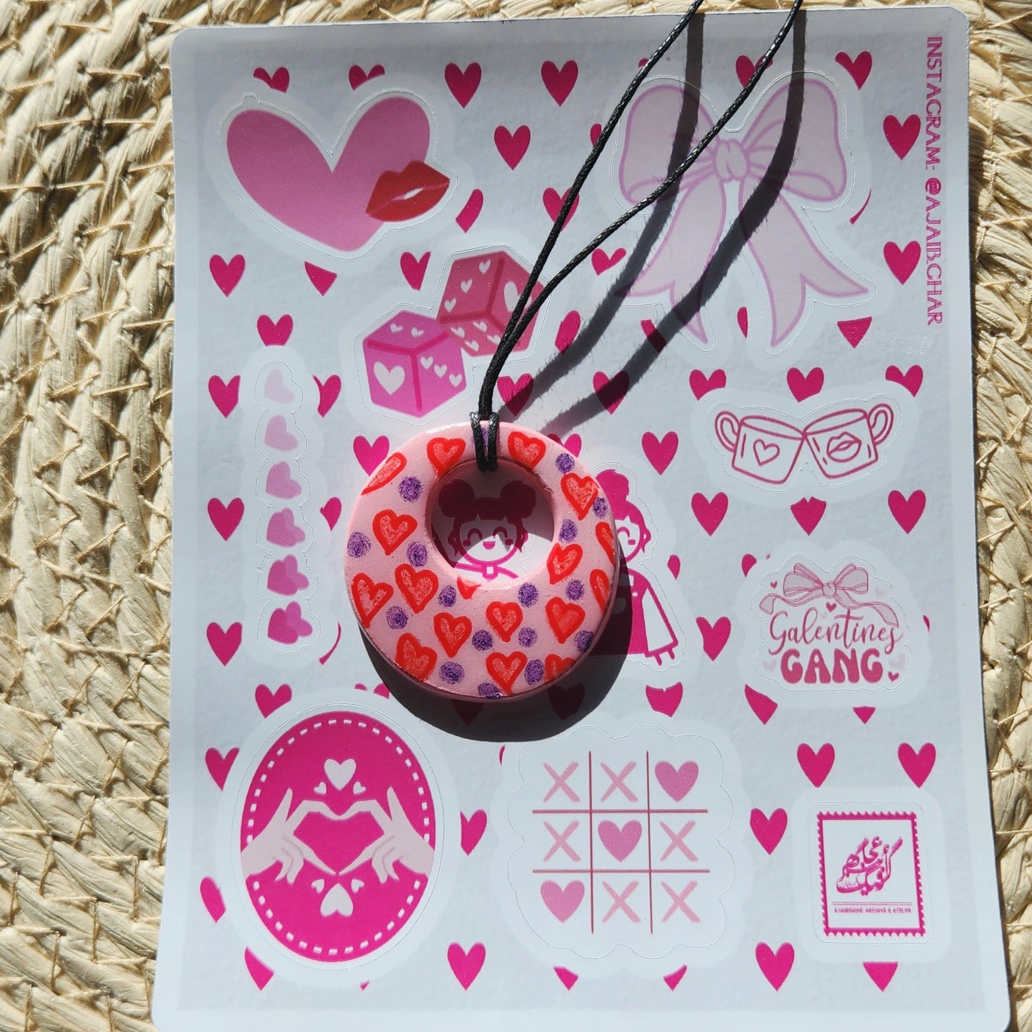 red hearts and purple dots clay pendant necklace & sticker sheet [KOSH & YOG x AJAIBGHAR]