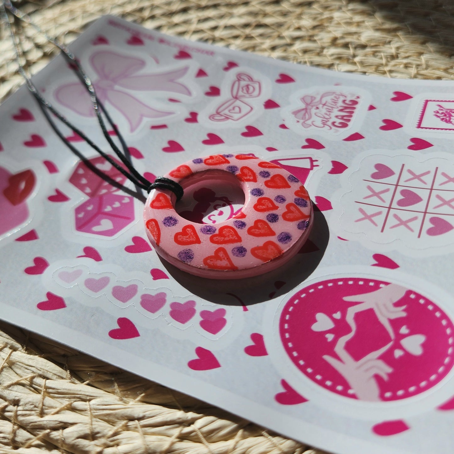 red hearts and purple dots clay pendant necklace & sticker sheet [KOSH & YOG x AJAIBGHAR]
