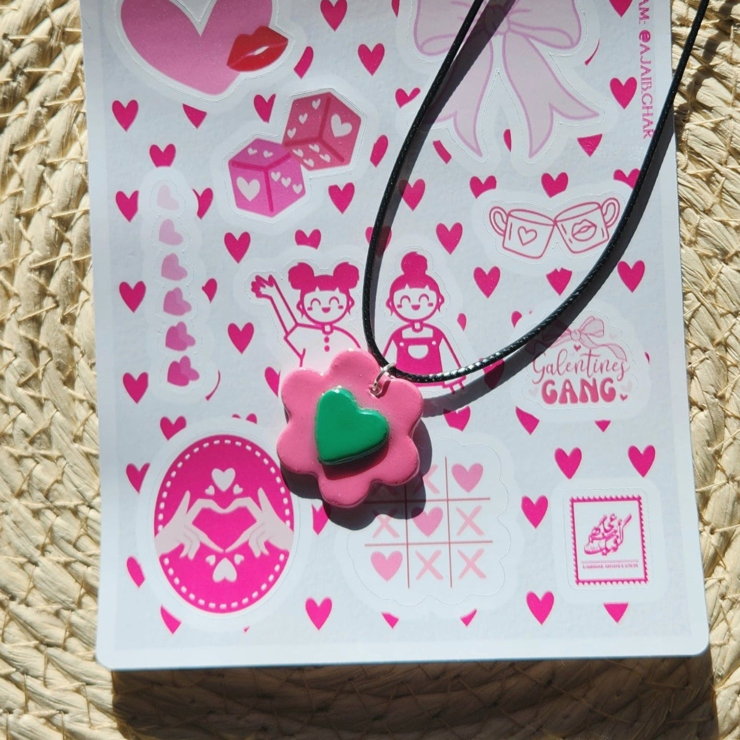 3D green heart pink flower clay pendant necklace & sticker sheet [KOSH & YOG x AJAIBGHAR]