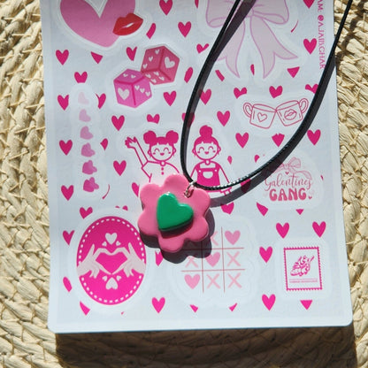 3D green heart pink flower clay pendant necklace & sticker sheet [KOSH & YOG x AJAIBGHAR]