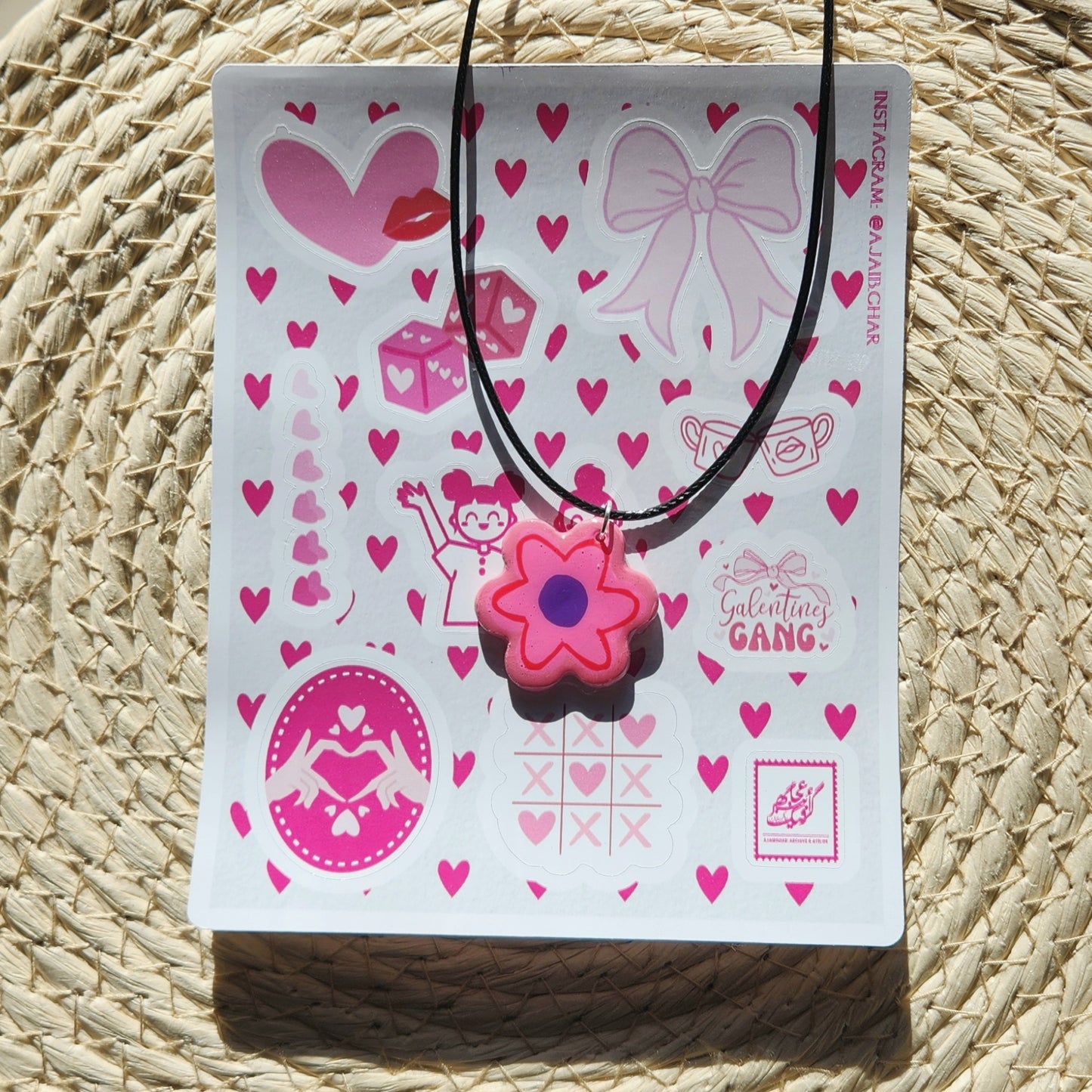 pink and purple flower clay pendant necklace & sticker sheet [KOSH & YOG x AJAIBGHAR]
