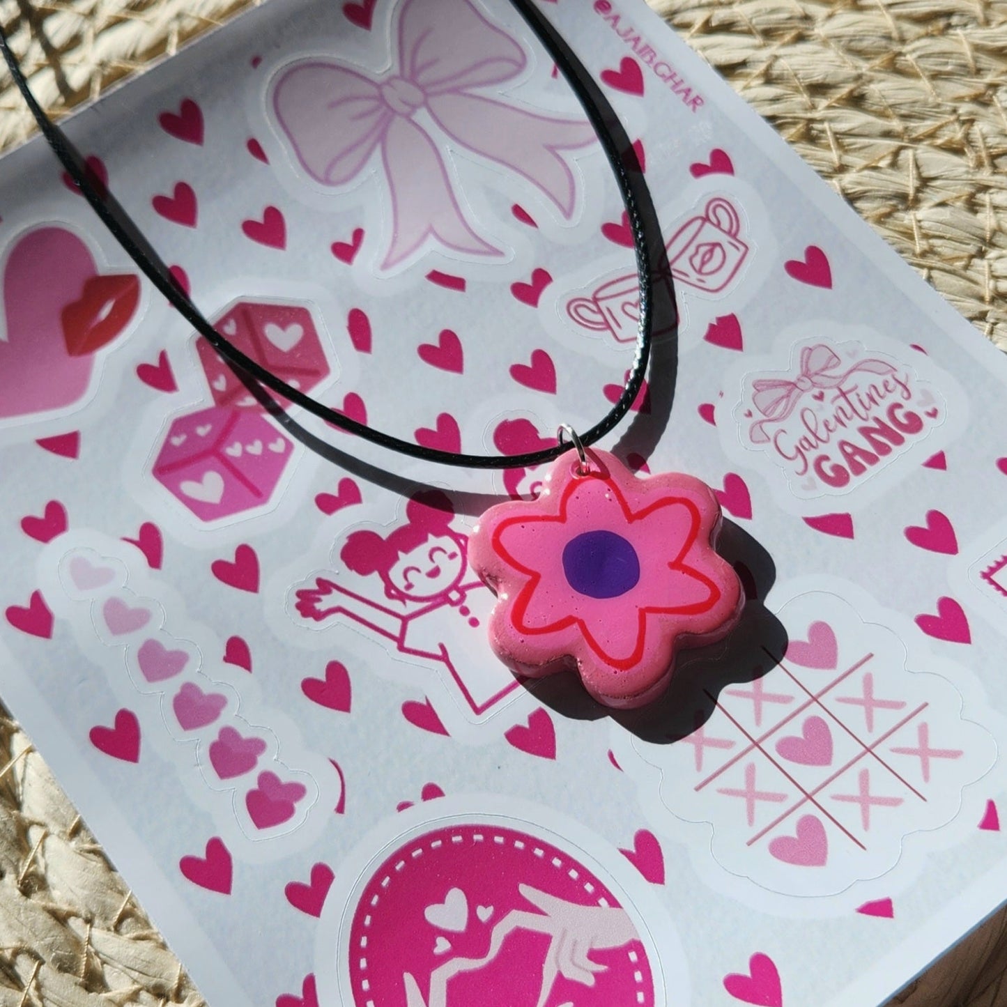 pink and purple flower clay pendant necklace & sticker sheet [KOSH & YOG x AJAIBGHAR]