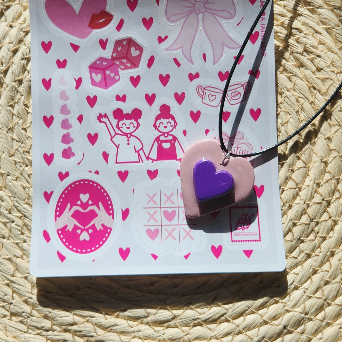 3D purple heart clay pendant necklace & sticker sheet [KOSH & YOG x AJAIBGHAR]