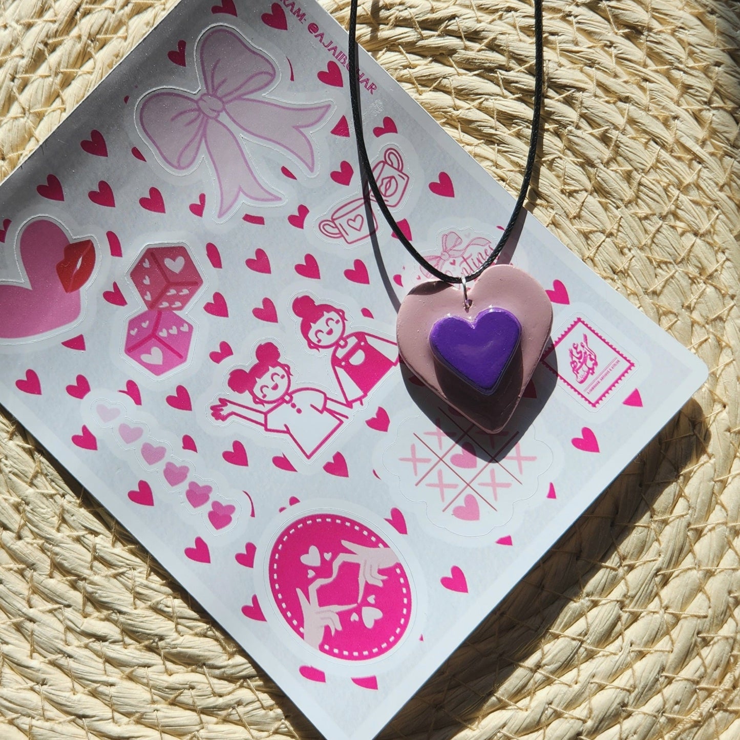 3D purple heart clay pendant necklace & sticker sheet [KOSH & YOG x AJAIBGHAR]
