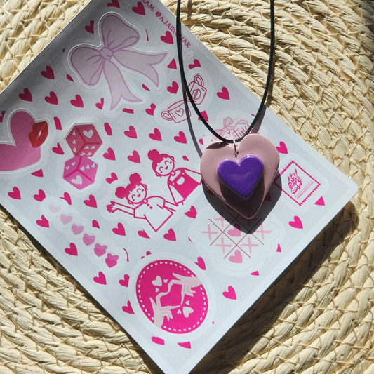 3D purple heart clay pendant necklace & sticker sheet [KOSH & YOG x AJAIBGHAR]