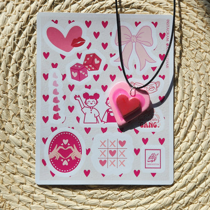 3D pink and red heart clay pendant necklace & sticker sheet [KOSH & YOG x AJAIBGHAR]