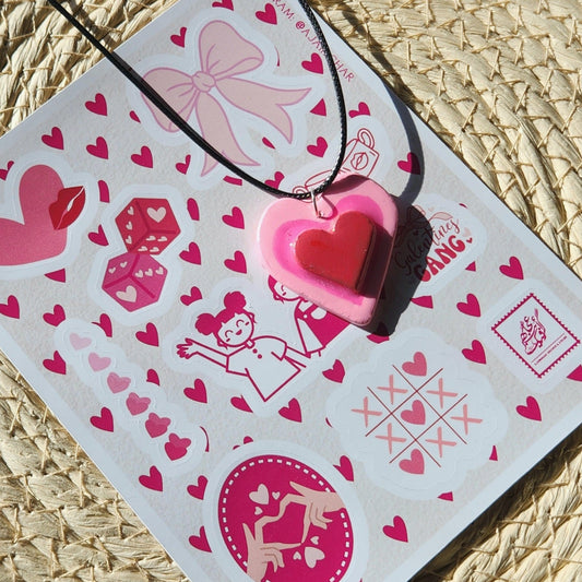 3D pink and red heart clay pendant necklace & sticker sheet [KOSH & YOG x AJAIBGHAR]