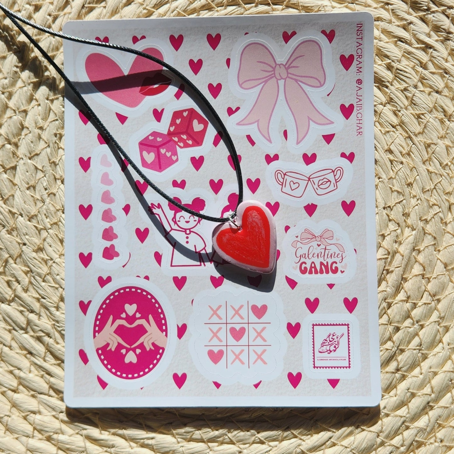 red pencil heart clay pendant necklace & sticker sheet [KOSH & YOG x AJAIBGHAR]
