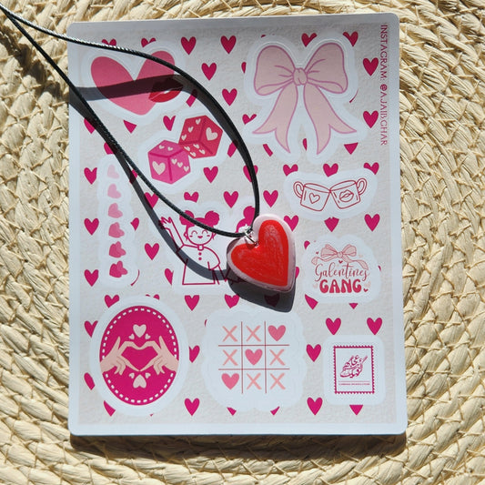 red pencil heart clay pendant necklace & sticker sheet [KOSH & YOG x AJAIBGHAR]