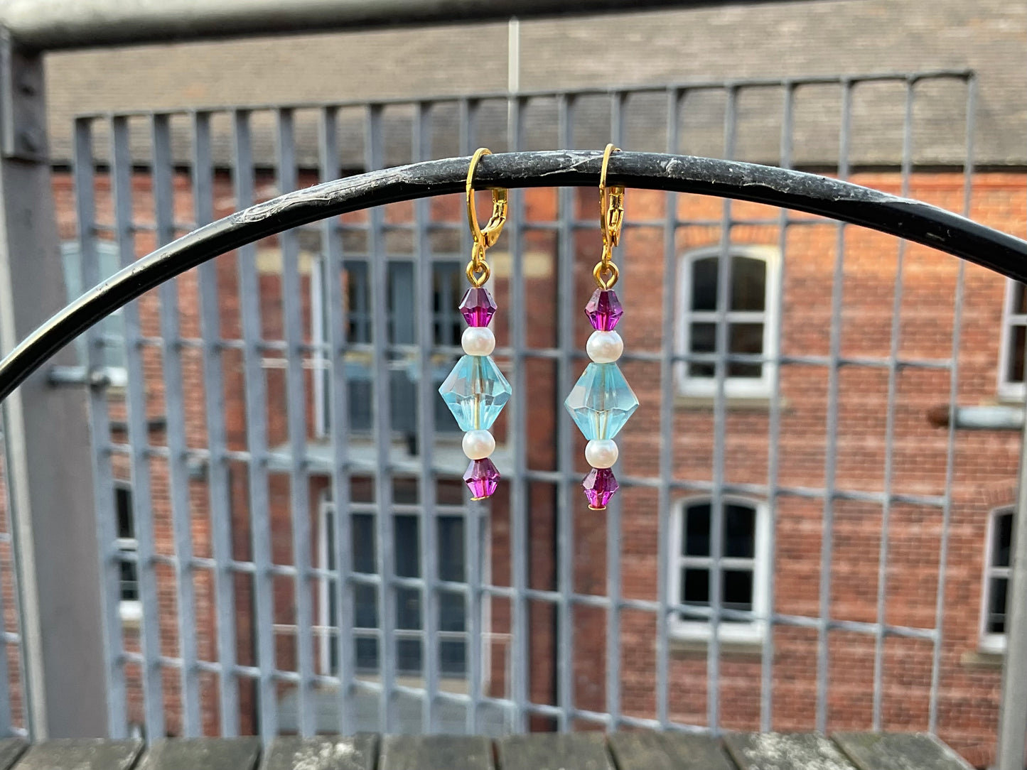 blue & pink crystal beaded gold huggie hoop earrings