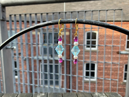 blue & pink crystal beaded gold huggie hoop earrings