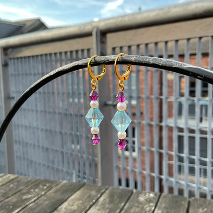 blue & pink crystal beaded gold huggie hoop earrings