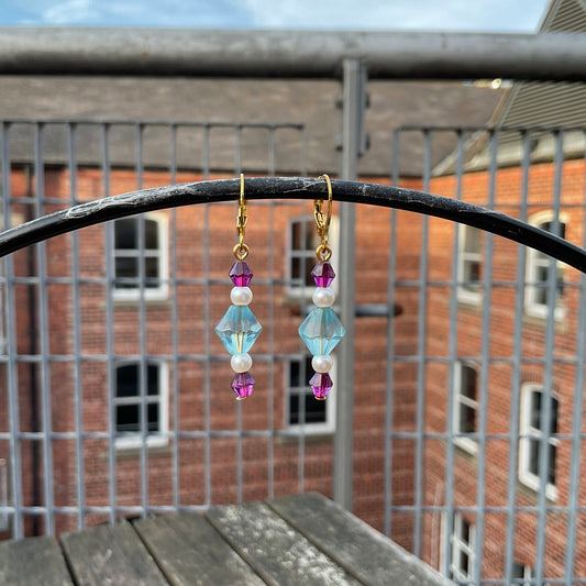 blue & pink crystal beaded gold huggie hoop earrings